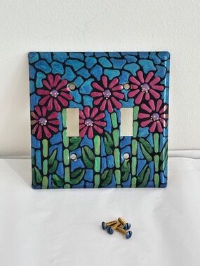 Vintage hand painted double toggle metal light switch plate with screws